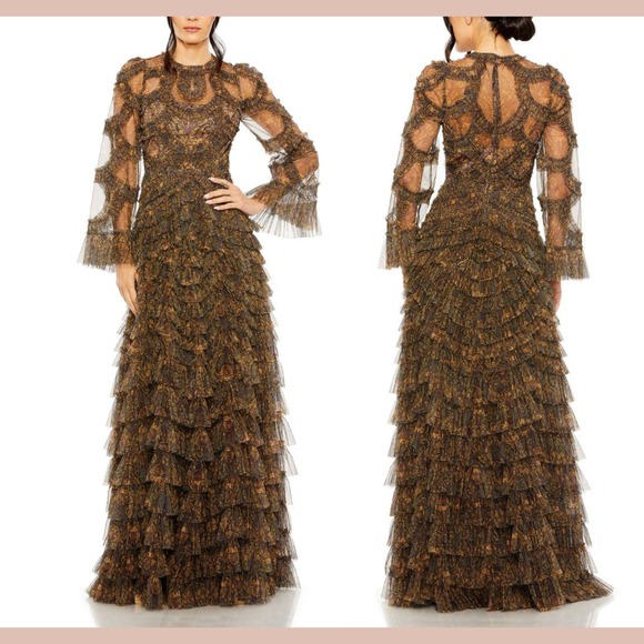 NWT MAC DUGGAL [ 16 ] 8044 Long Flutter Sleeve Ruffle Tiered Gown Brown #J1639‎ - Picture 1 of 15